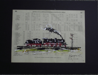 Edizioni, Corrado Bonomi
Trenino, 1990
olio su orario ferroviario edizione
11/150 e 19/150
21 × 15 cm